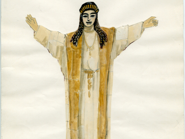 Designer Jocelyn Herbert's costume design for Pythia. The Oresteia, National Theatre, 1981