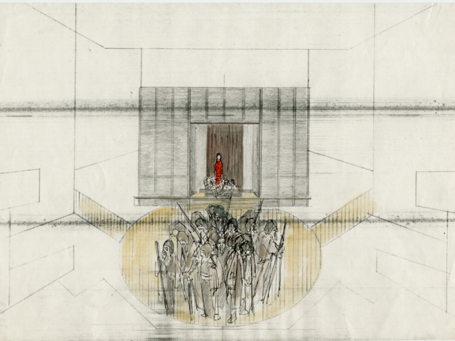 Designer Jocelyn Herbert's storyboard sketch for The Oresteia, National Theatre, 1981