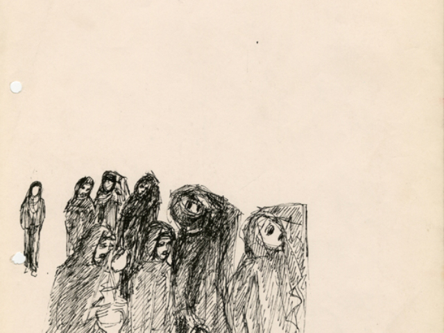 Designer Jocelyn Herbert's rehearsal sketch of the Furies chorus. The Oresteia, National Theatre, 1981