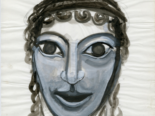 A mask design for Apollo by theatre designer Jocelyn Herbert. The Oresteia, National Theatre, 1981